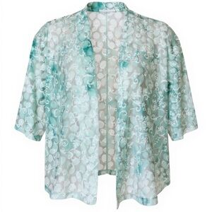 Floral Sheer Southern Lady white and teal Kimono Cardigan Sz L #1797